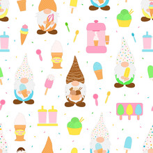 Seamless Pattern Gnomes Ice Cream Shop Vector Illustration