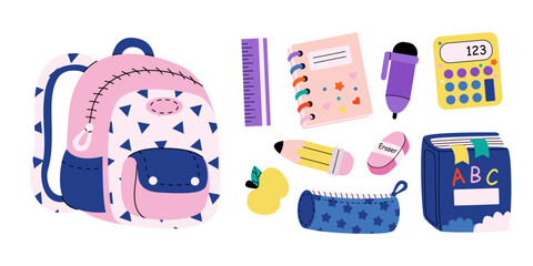 Set of study school supplies: backpack, pencil, ruler, calculator, abc book, notebook with stickers, eraser, apple, pen. Children's cute stationery subjects. Back to school. Flat illustration.