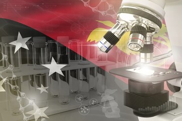 Wall Mural - Papua New Guinea science development digital background - microscope on flag. Research of pharmacy design concept, 3D illustration of object