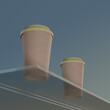 Japandi style bottom view of two paper coffee cups. Low angle, natural colors. 3d render illustration
