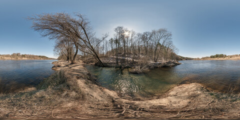 Wall Mural - full spherical 360 hdri panorama view on edge of winter forest near wide river in equirectangular projection. VR AR content