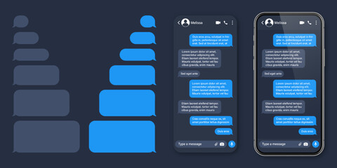 Realistic smartphone with messaging app. SMS text frame. Conversation chat screen with blue message bubbles and placeholder text. Social media application. Vector illustration.
