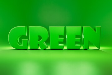 Poster - abstract background. the word green consisting of large three-dimensional letters on a green glossy background illuminated with neon light. 3d illustration. 3d render