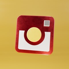 Fototapete - icon of a red minimalistic camera with a white sticker for an inscription on a yellow background. 3d illustration. 3d render