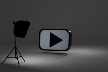 Fototapete - backstage filming. studio shoot. black and white start button on a black background illuminated by a softbox. 3d illustration. 3d render