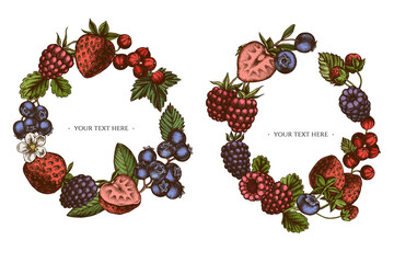 Wall Mural - Wreath design with colored strawberry, blueberry, red currant, raspberry, blackberry