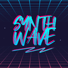 Wall Mural - synthwave retro futuristic glow logo. neon logo design. 80's style label with abstracts brush. vecto