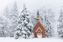 Little Brown Chapel During A Snow Storm In Yosemite  