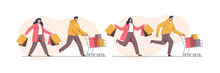 People With Trolleys Full Of Purchases And Gifts. Mans And Womans With Packages. Buyers Have Fun Doing Shopping. Black Friday, Seasonal Sale, Discount Coupon. Vector Illustration.