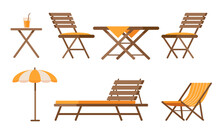 Set Of Furniture For Summer Patio. Restaurant Or Cafe Wooden Table, Chairs, Deck Chair And Umbrella For Beach Holiday. Vector Illustration Isolated On White Background.