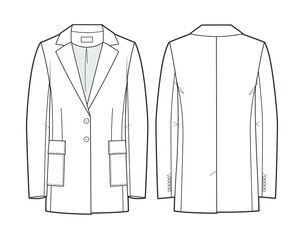 Wall Mural - Classic Jacket technical fashion illustration, single breasted. Oversized Jacket fashion flat template, front, back view, white color. Women, men, unisex CAD mockup.