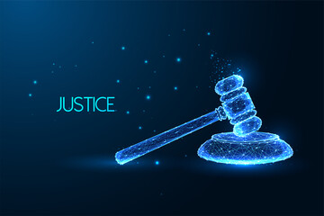 Poster - Justice, law, court concept with judge gavel in futuristic glowing low polygonal style on dark blue 