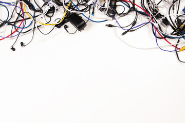 Many colorful electrical cord wires cables cord with plugs and electric socket on white background