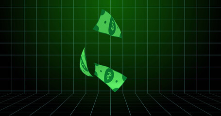 Poster - Image of dollars floating over green checked background