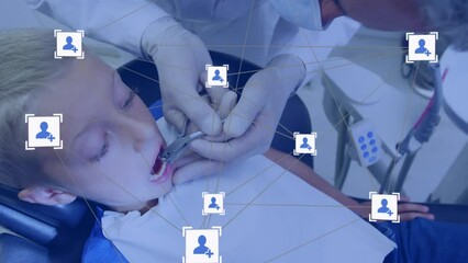 Sticker - Network of digital icons over caucasian boy getting his teeth examined at the clinic