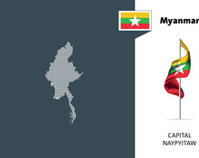 Flag Of  Myanmar On White Background. Dotted Map Of Myanmar With Capital Name - Naypyidaw.
