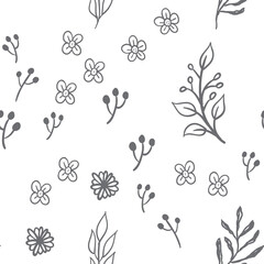 leaves and flowers seamless pattern. doodle nature elements background texture. botanical design.