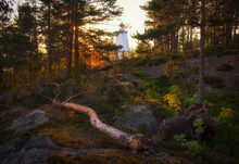 Old Wooden Lighthouse At Cape Besov Nos Or Devils Nose On East Coast Of Lake Onega, Karelia, Russia North.