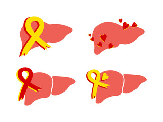 World Hepatitis Day icons with human liver organ, with red and yellow ribbon and with hearts. Can be used as sign, symbol or sticker, isolated illustrations for awareness campaigns and print, July 28.