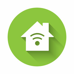 Poster - White Smart home with wi-fi icon isolated with long shadow. Remote control. Green circle button. Vector