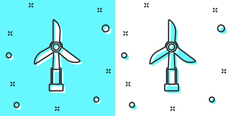 Poster - Black line Wind turbine icon isolated on green and white background. Wind generator sign. Windmill for electric power production. Random dynamic shapes. Vector