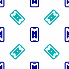 Sticker - Blue Buy cinema ticket online icon isolated seamless pattern on white background. Service Concept. Vector