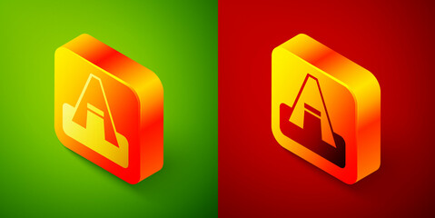 Sticker - Isometric Tourist tent icon isolated on green and red background. Camping symbol. Square button. Vector