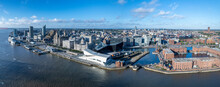 The Drone Aerial View Of Liverpool With Mersey River In Foreground.