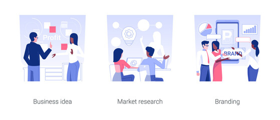 Poster - Startup launch isolated concept vector illustration set. Business idea, market research, create brand and trademark, startup investment strategy and funding, analyzing competitors vector cartoon.