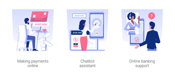 Poster - Online banking service isolated concept vector illustration set. Making payments online, voice chatbot assistant, online banking support, financial help, remote consulting vector cartoon.