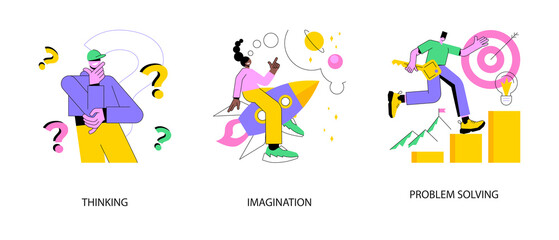 Poster - Brain activity abstract concept vector illustration set. Thinking and imagination, problem solving, brainstorming, idea and fantasy, motivation and inspiration, find solution abstract metaphor.