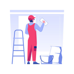 Poster - Wall preparation isolated concept vector illustration. Contractor wearing uniform with trowel leveling the walls, construction company service, interior works, house building vector concept.