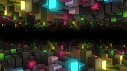 Poster - Animated neon rainbow background logo frame. 3d rendering. Randomly moving surface of rectangles with illumination. Minecraft. Screensaver for games, presentations, business, intro. 4k