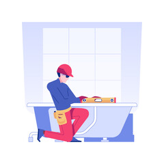 Poster - Bathtub and shower installation isolated concept vector illustration. Plumber deals with bathtub installation, residential construction service, rough interior works vector concept.