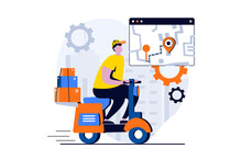 Delivery Service Concept With People Scene In Flat Cartoon Design. Male Courier Rides Motorcycle And Carries Parcels With Order Tracking In Mobile App On Map. Vector Illustration Visual Story For Web