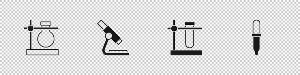 Sticker - Set Test tube flask on stand, Microscope, and Pipette icon. Vector