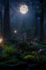 Wall Mural - dark fairytale fantasy forest. night forest landscape with magical glows. abstract forest, magic, fa