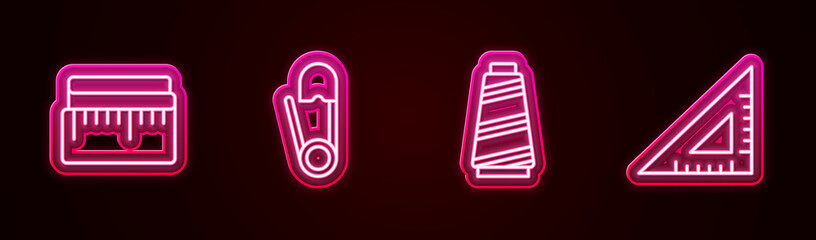 Poster - Set line Tape measure, Safety pin, Sewing thread and Triangular ruler. Glowing neon icon. Vector