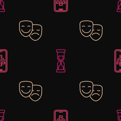 Wall Mural - Set line Psychologist online, Comedy and tragedy masks and Old hourglass on seamless pattern. Vector