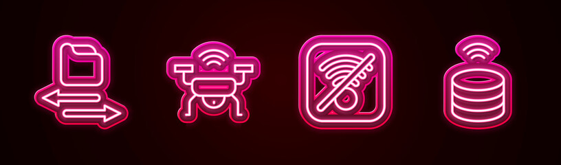 Sticker - Set line Transfer files, Smart drone system, No Wi-Fi wireless internet and data server. Glowing neon icon. Vector