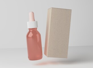 Face oil serum pink glass bottle, design ready dropplet with brown paper box mockup, 3D render