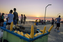Boiled Corn Cart, Corn Cart By The Sea, With Sunset, Face Blur