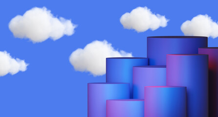 Poster - Podium Stands. Multi-tiered podiums for displaying goods. Background for advertising products. Podium Stands in front clouds. Three-dimensional coasters. Places for promotional items. 3d rendering
