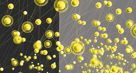 Poster - Yellow molecules. Round molecules are interconnected. Scientific scenery. Round molecules on gray background. Scientific background. Concept of neural networks and their connections. 3d rendering.