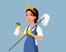 Professional Cleaner With A Sanitizing Spray And A Mop Vector Illustration. Lady Working As Housekeeper Keeping Everything Tidy And Clean
