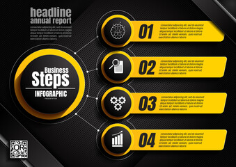 Wall Mural - infographics design, 4 process chart diagram template for presentation workflow, abstract timeline elements, flow chart business yellow and black color layout concept