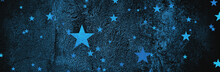 Dark Blue Star Background. Navy Day, Veterans Day, Sparkle Stars At Navy Blue Background. Old Vintage Grunge Texture.