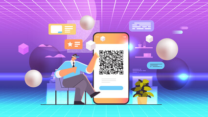 businessman in virtual reality glasses scanning QR code on smartphone screen readable barcode verification