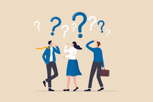 Confused People With Confusion Problem Or Doubt, Lost In Trouble Or Complexity, Complicated Questions Or Misunderstanding Concept, Businessman And Businesswoman With Many Of Confused Question Marks.