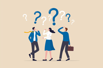 Confused people with confusion problem or doubt, lost in trouble or complexity, complicated questions or misunderstanding concept, businessman and businesswoman with many of confused question marks.